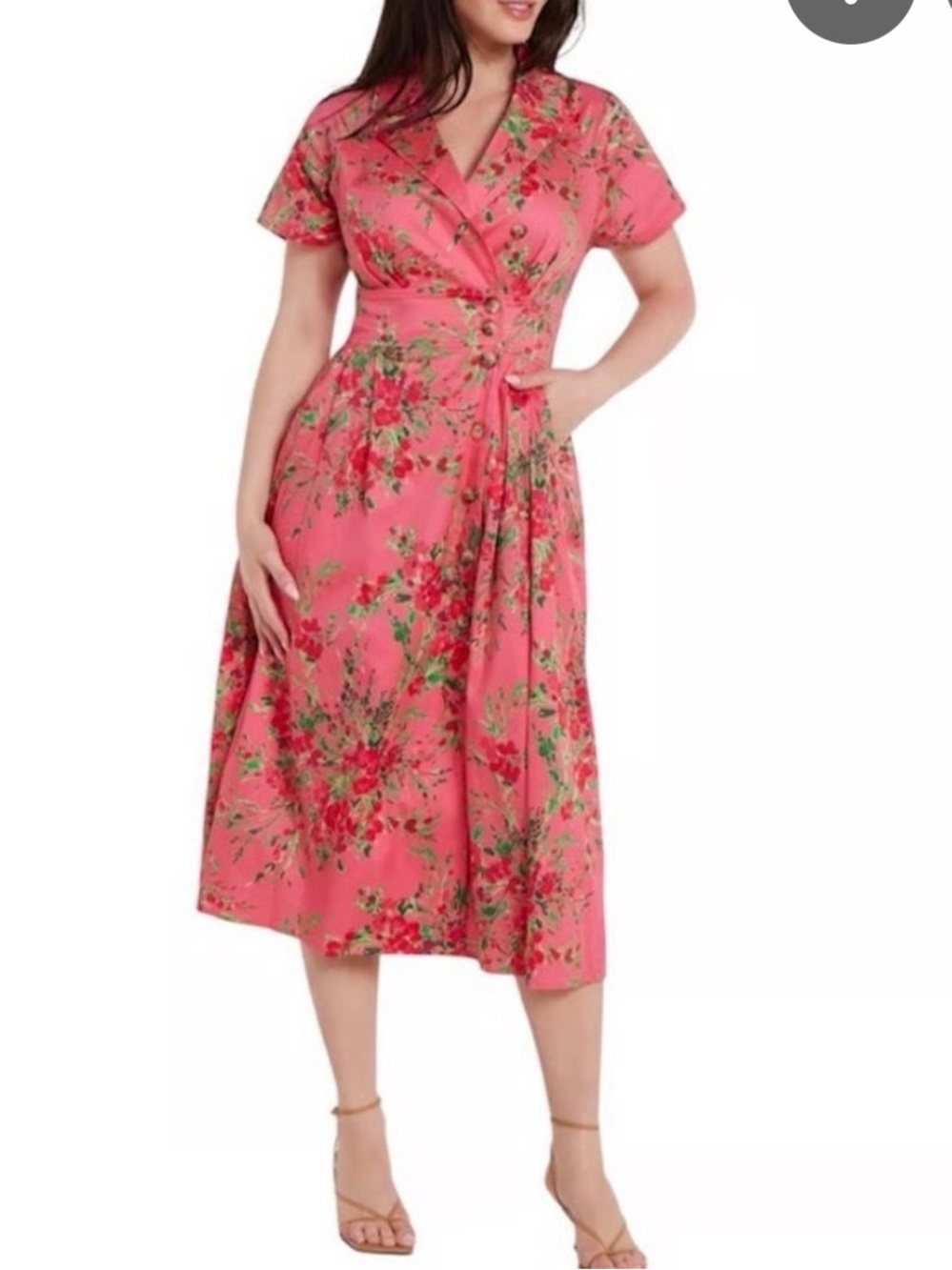 Hermoza Elena Red Floral Pleated Midi Shirt Dress | M